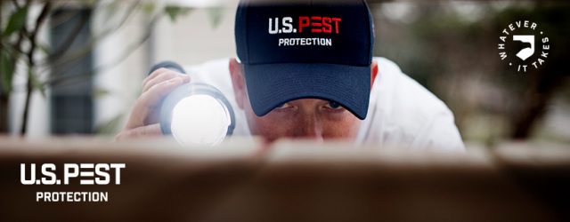 A U.S. Pest Protection technician using a flashlight to examine a home.