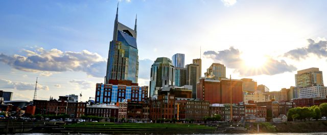 Nashville, Tennessee skyline at sunset.