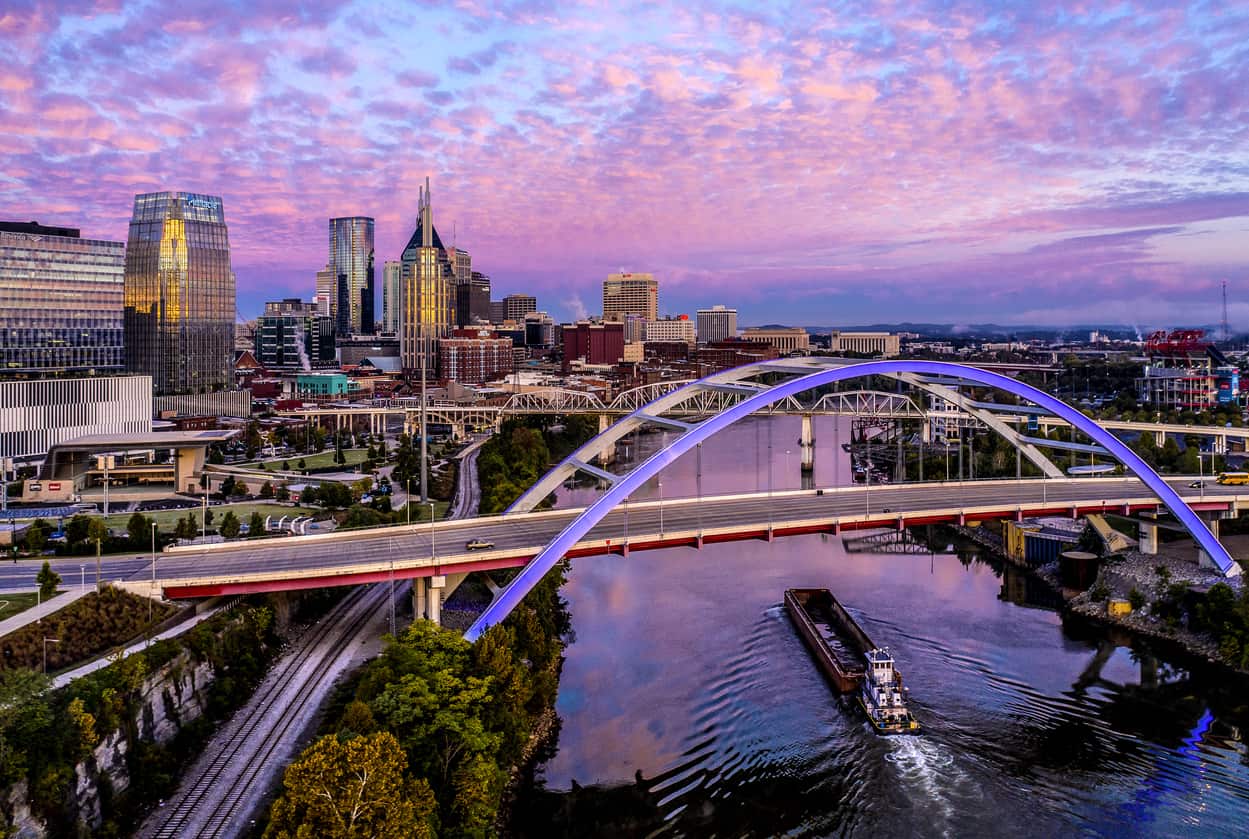 Aerial view of Nashville, Tennessee at sunset.