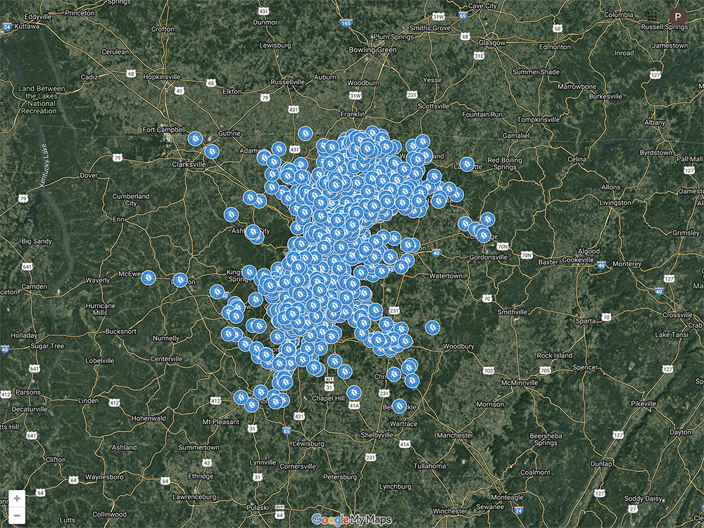 Real-time location maps showing pest control activity in the Nashville, Tennessee area.