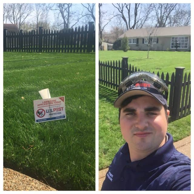 A U.S. Pest Protection technician posing in front of a serviced yard.