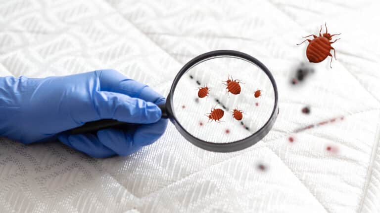 A gloved hand holding a magnifying glass revealing multiple reddish-brown bed bugs on a white mattress surface, with additional bed bugs visible outside the magnified area.