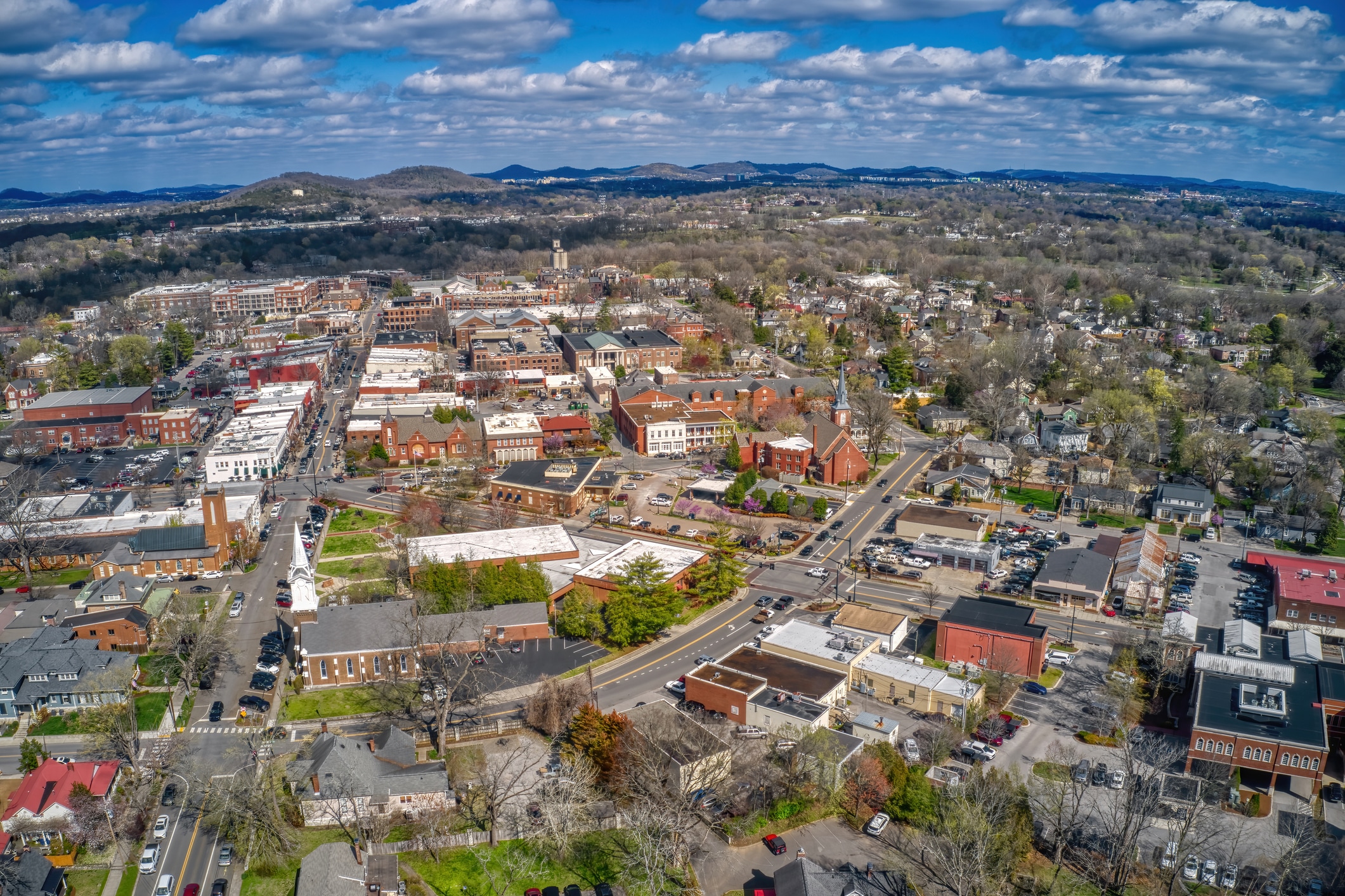 Aerial view of Franklin, Tennessee, with its historic downtown and surrounding neighborhoods