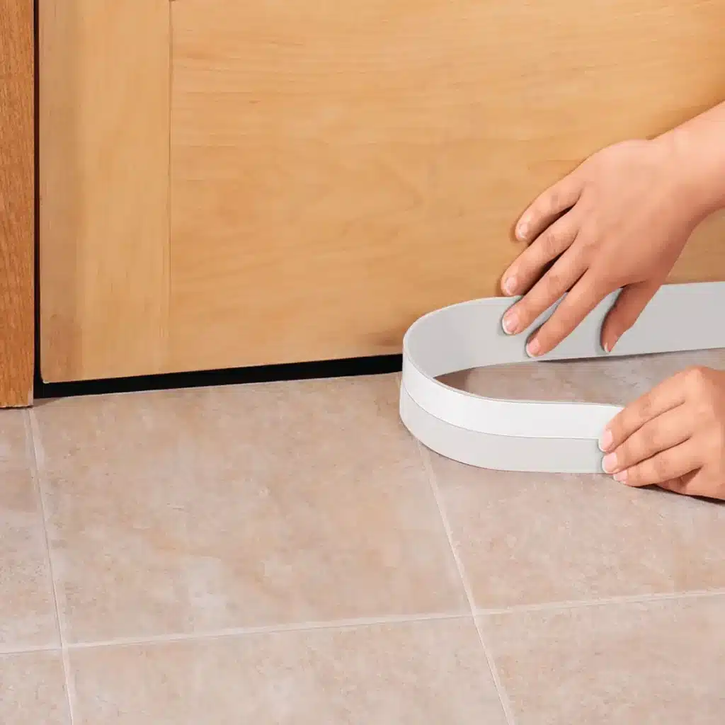 Where Do Spiders Hide in Your House? 6 Hands installing a weather-stripping door sweep to seal the gap under a door and keep spiders out