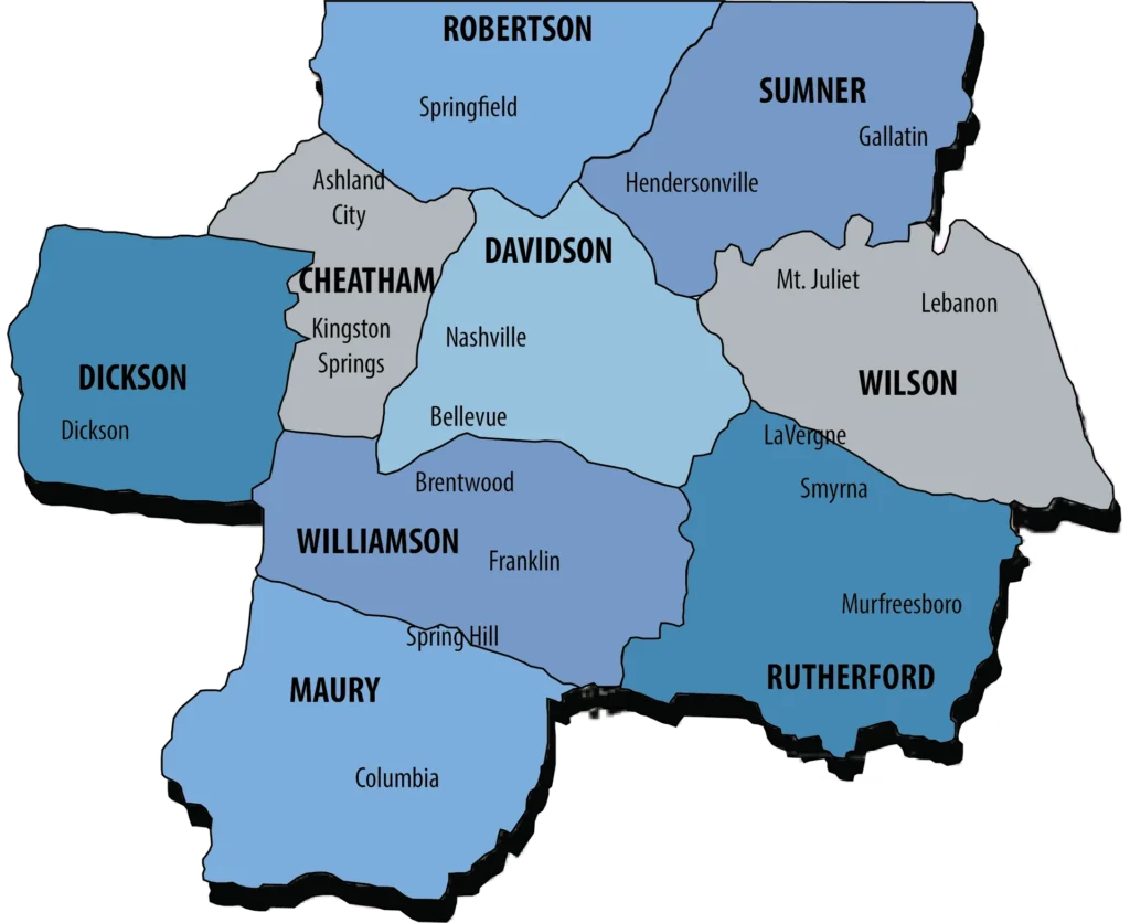 Where Do Spiders Hide in Your House? 4 Map of U.S. Pest service areas across Middle Tennessee counties including Nashville, Murfreesboro, Mt. Juliet and Hendersonville