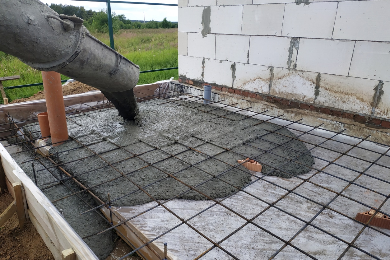Concrete slab pour over steel reinforcement, the stage when pre-construction termite treatment is applied