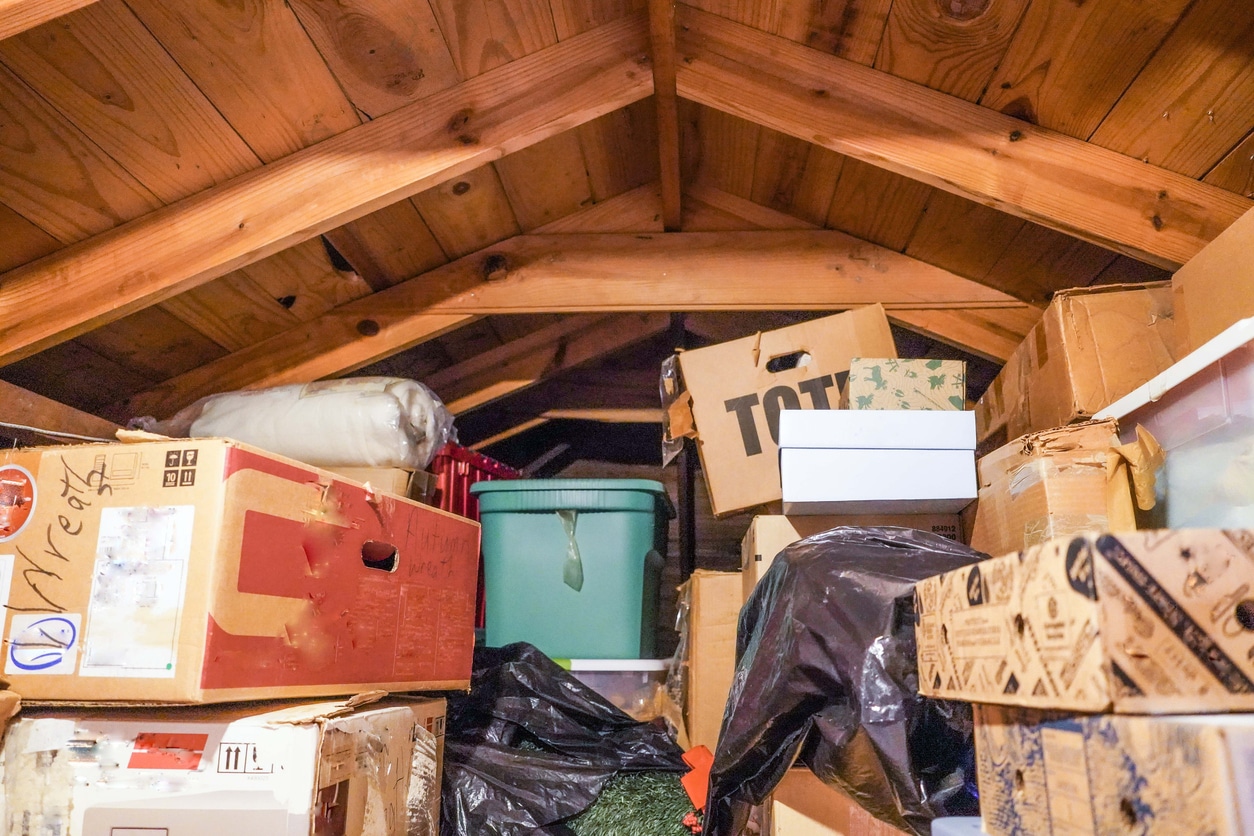 Cardboard boxes of holiday decorations stored in an attic, where brown recluse spiders like to hide