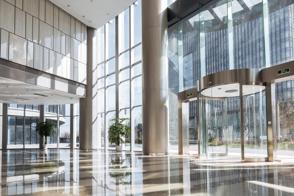 Modern office building lobby kept pest-free with building-wide pest control from U.S. Pest Protection.