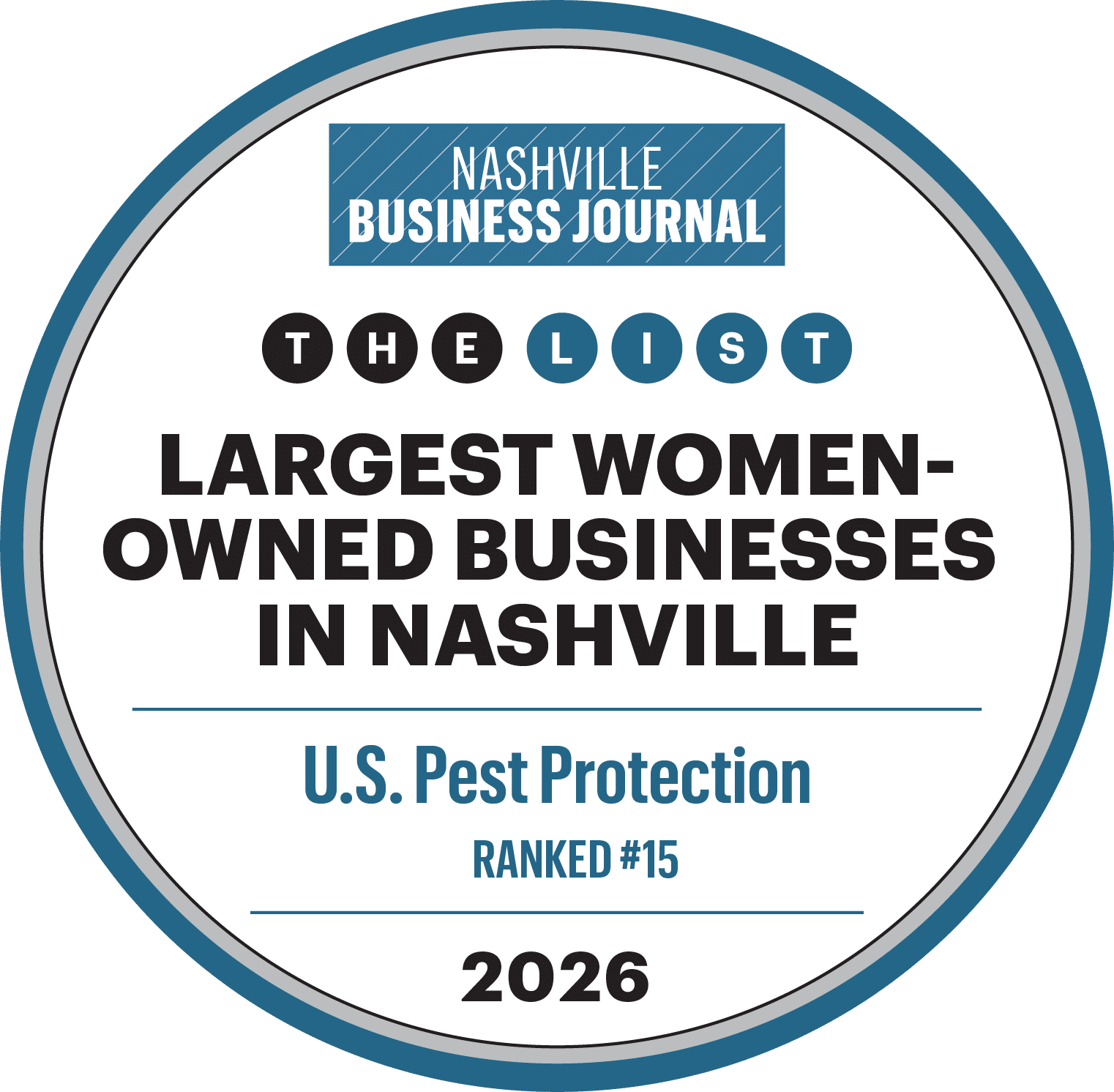 Nashville Business Journal 2026 Largest Women-Owned Businesses in Nashville badge, U.S. Pest Protection ranked #15