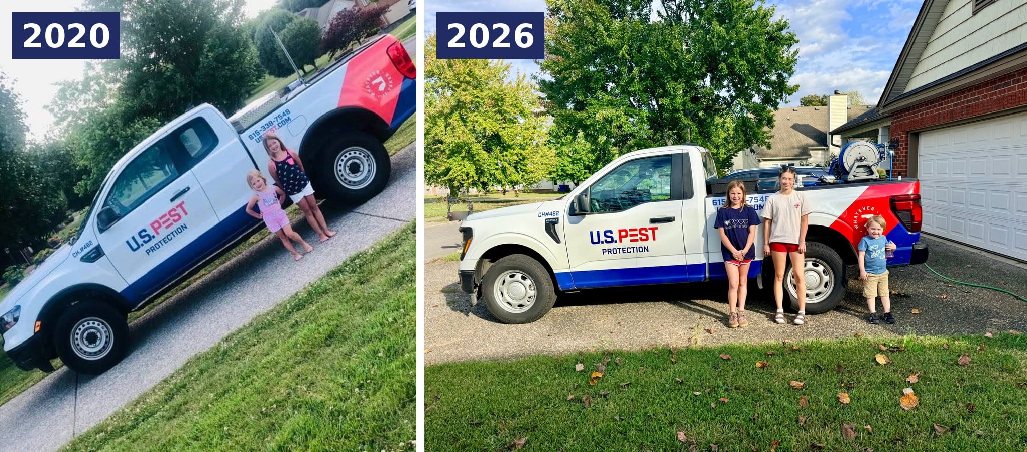 A U.S. Pest Pro’s kids beside her service truck in 2020 and again in 2026, now with a little brother
