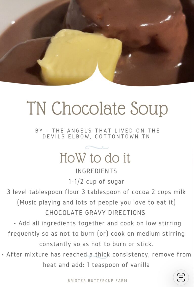 TN Chocolate Soup recipe card from Brister Buttercup Farm in Cottontown, Tennessee